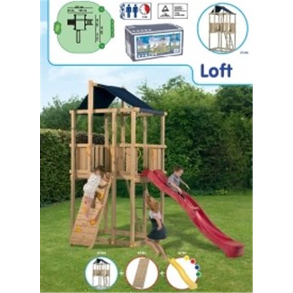 PARQUE DE MADERA CON PARED PARA ESCALAR Y TOBOGAN